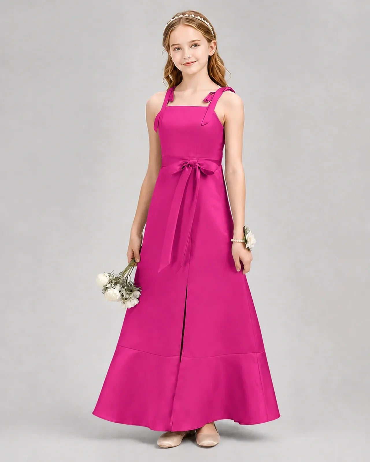 Hot Pink Satin A-Line Junior Bridesmaid Dresses Front View