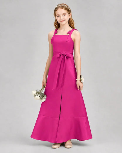 Hot Pink Satin A-Line Junior Bridesmaid Dresses Front View