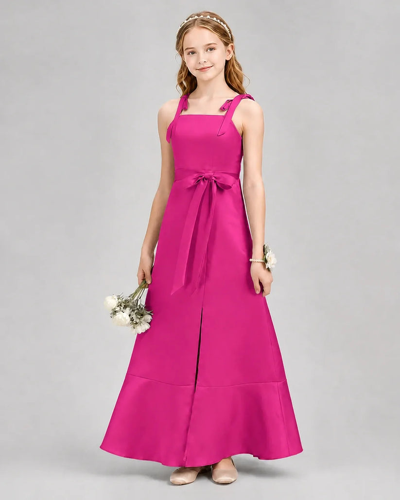 Hot Pink Satin A-Line Junior Bridesmaid Dresses Front View