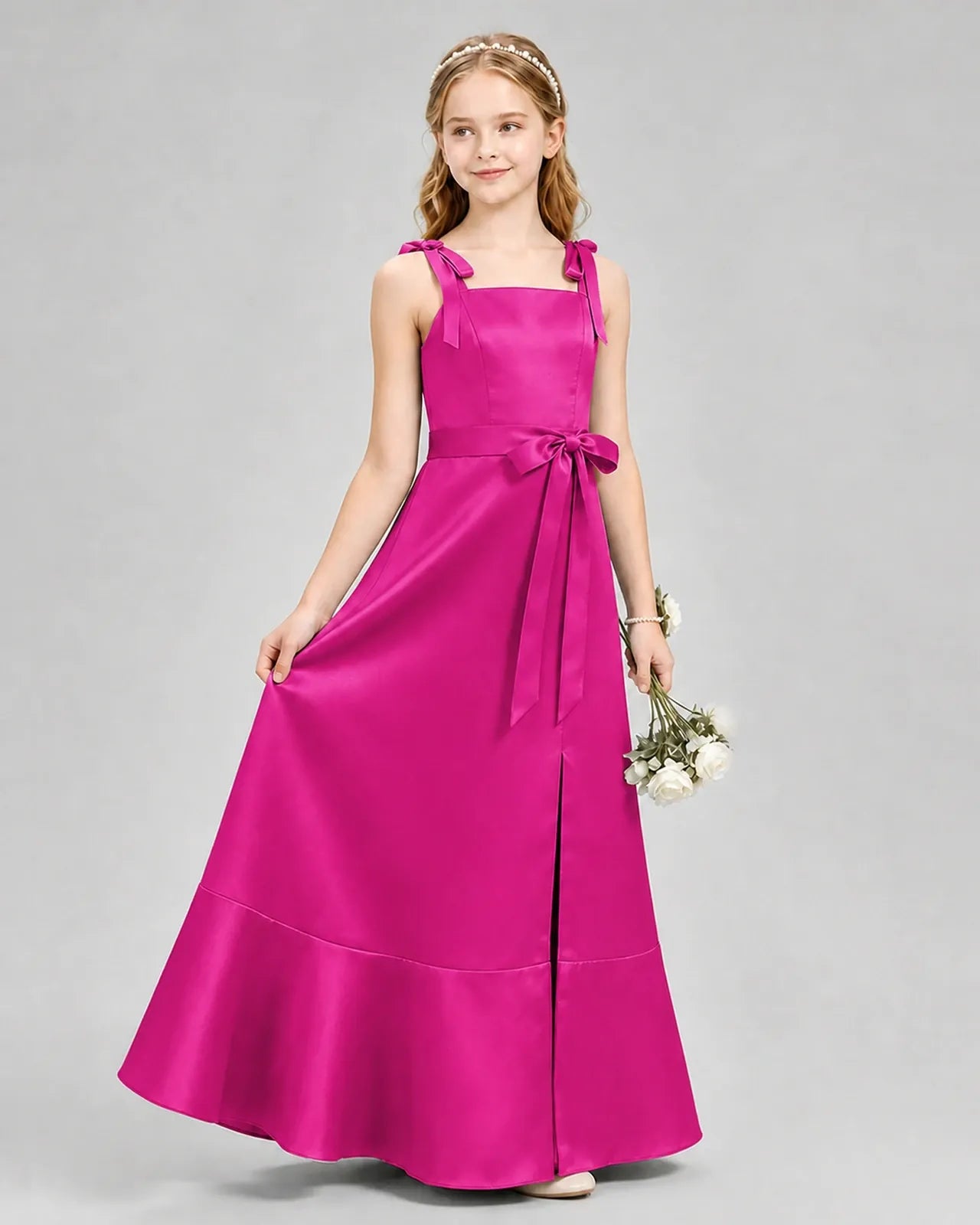 Hot Pink Satin Bow Strap A-Line Junior Bridesmaid Dresses Side View