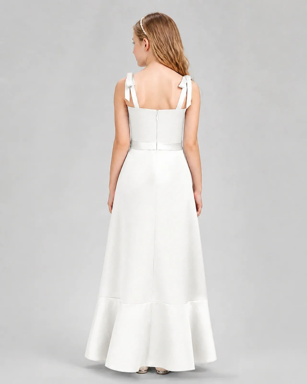 Ivory Satin A-Line Junior Bridesmaid Dresses Back View