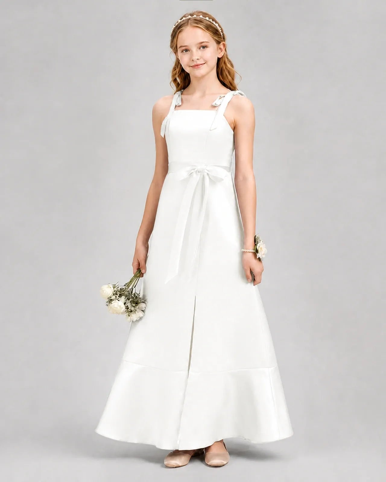Ivory Satin Square Neck A-Line Junior Bridesmaid Dresses Front View