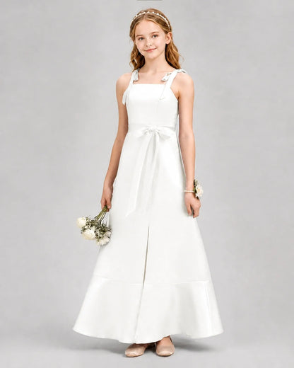 Ivory Satin Square Neck A-Line Junior Bridesmaid Dresses Front View