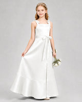 Ivory Satin A-Line Junior Bridesmaid Dresses Side View