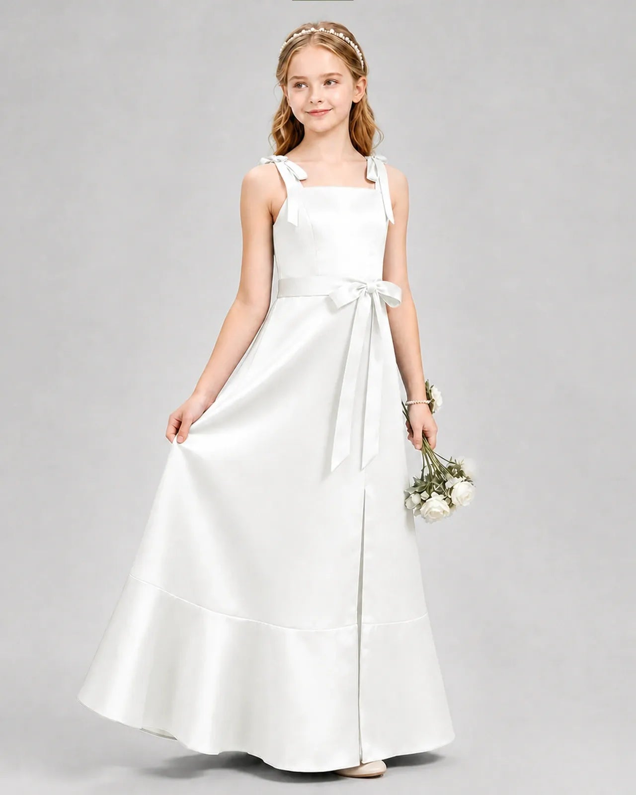 Ivory Satin A-Line Junior Bridesmaid Dresses Side View