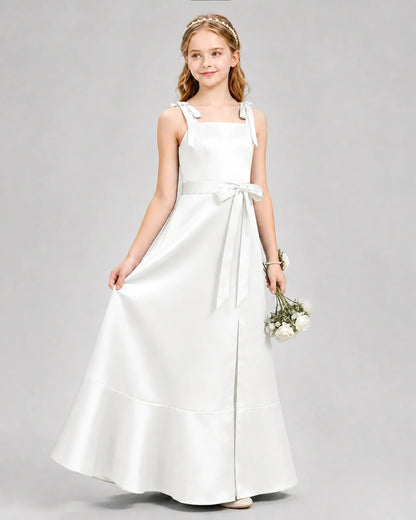 Ivory Satin A-Line Junior Bridesmaid Dresses Side View