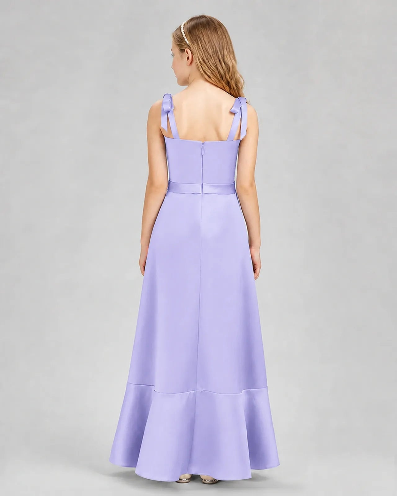 Lavender Satin A-Line Junior Bridesmaid Dresses Back View