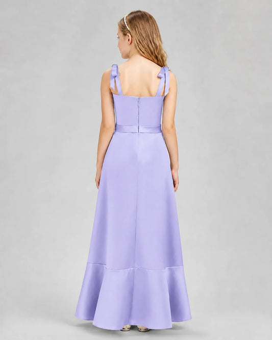 Lavender Satin A-Line Junior Bridesmaid Dresses Back View