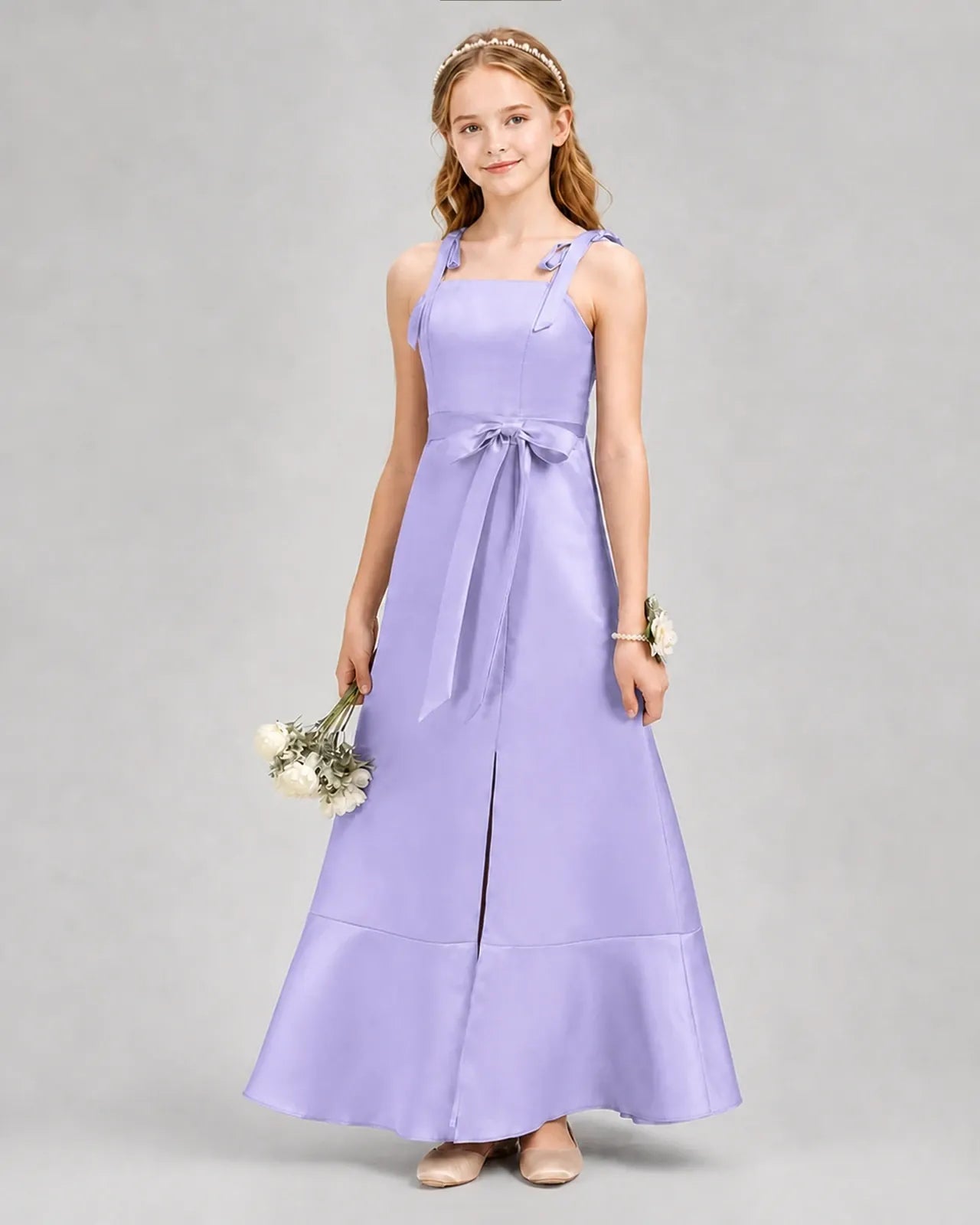 Lavender Satin A-Line Junior Bridesmaid Dresses Front View