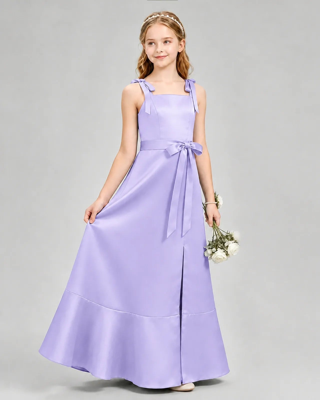 Lavender Satin A-Line Junior Bridesmaid Dresses Side View