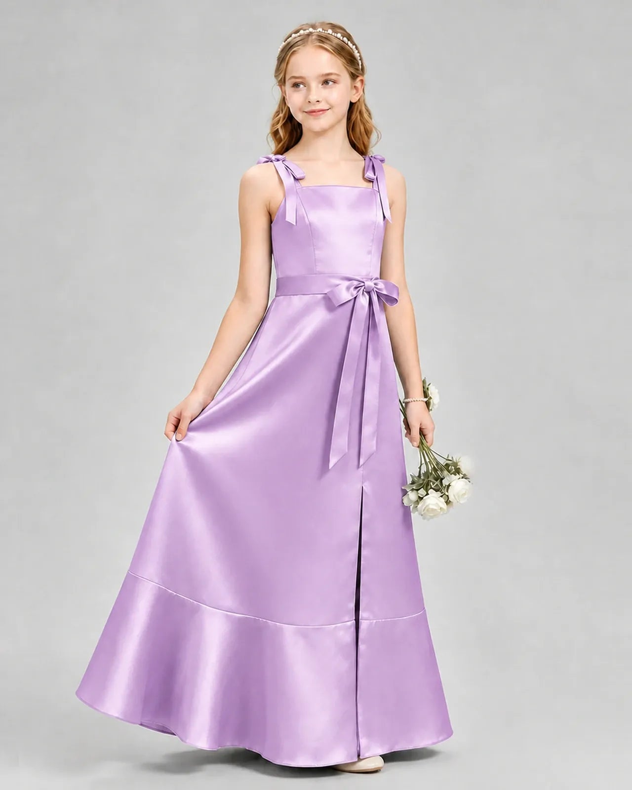 Lilac Satin A-Line Junior Bridesmaid Dresses Side View