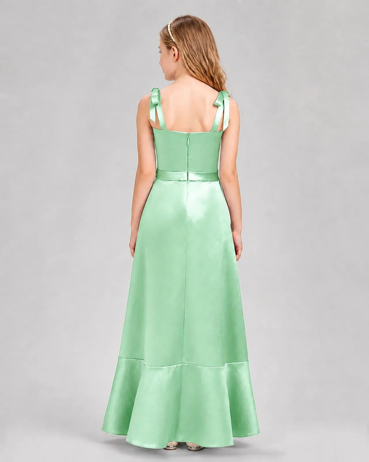Mint green satin A-line junior bridesmaid dress, back view