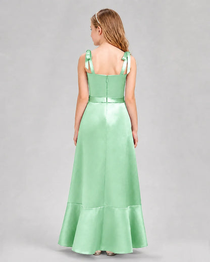 Mint green satin A-line junior bridesmaid dress, back view