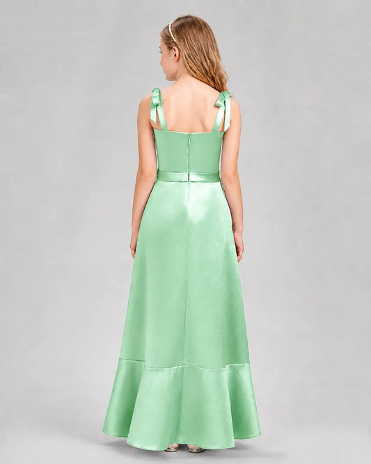 Mint Green satin A-line junior bridesmaid dress, back view
