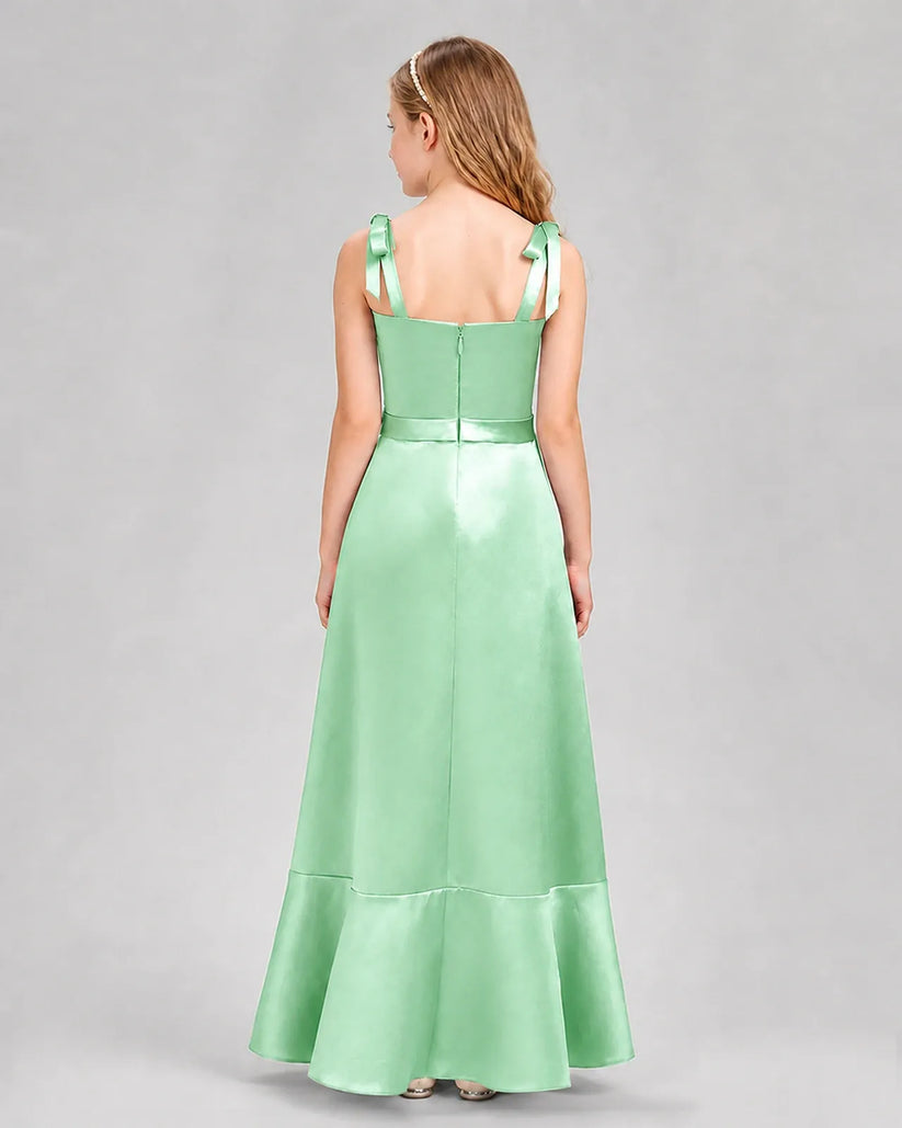 Mint Green satin A-line junior bridesmaid dress, back view