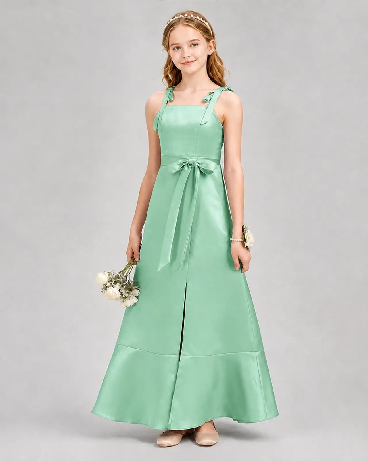 Mint Green Satin A-Line Junior Bridesmaid Dresses Front View