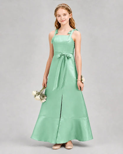 Mint Green Satin A-Line Junior Bridesmaid Dresses Front View