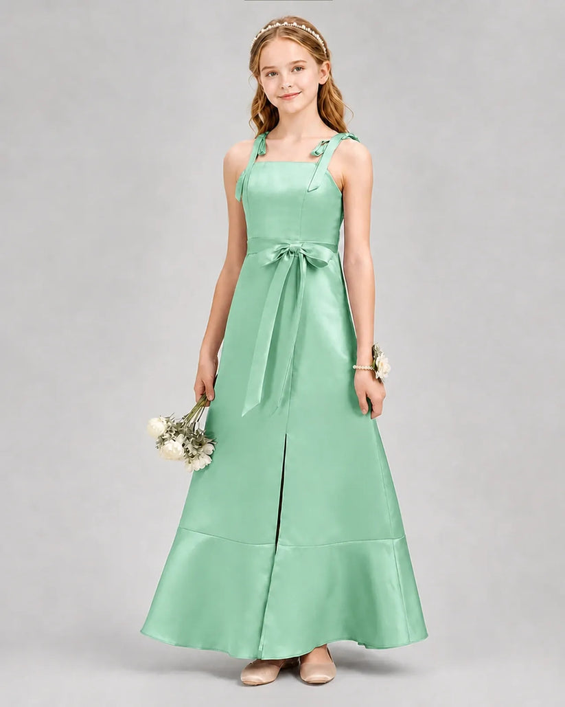 Mint Green Satin A-Line Junior Bridesmaid Dresses Front View