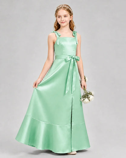 Mint Green Satin Bow Strap A-Line Junior Bridesmaid Dresses Side View