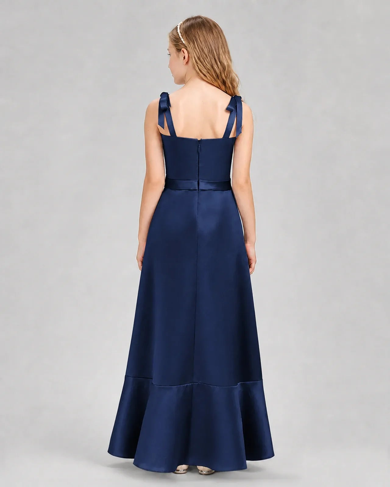 Navy Blue satin bow-strap mermaid junior bridesmaid dress Back View