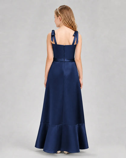 Navy Blue satin bow-strap mermaid junior bridesmaid dress Back View
