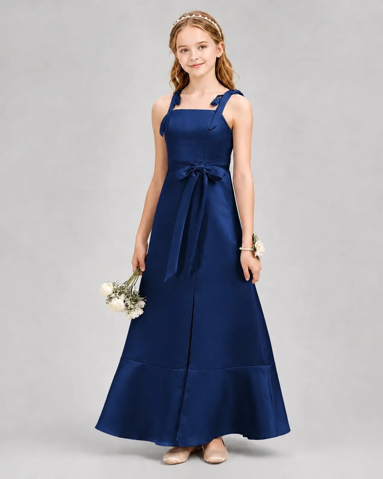 Navy Blue Satin A-Line Junior Bridesmaid Dresses Front View