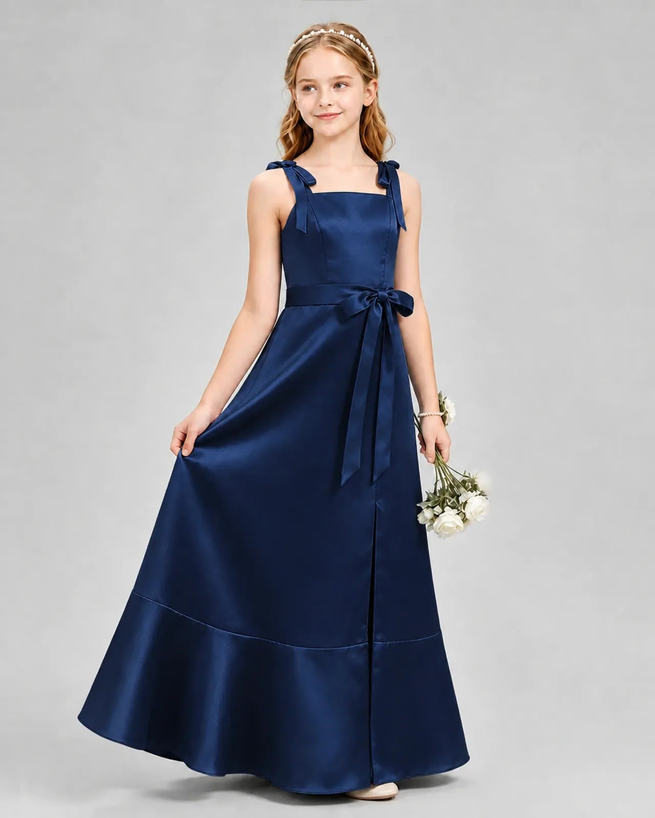 Navy Blue Satin Slit Junior Bridesmaid Dresses Side View