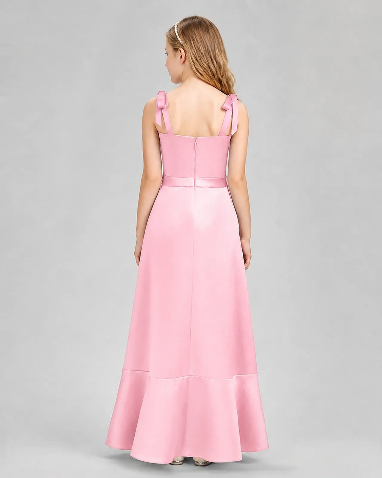 Pink Satin A-Line Junior Bridesmaid Dresses Back View