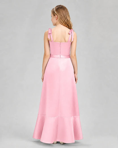 Pink Satin A-Line Junior Bridesmaid Dresses Back View