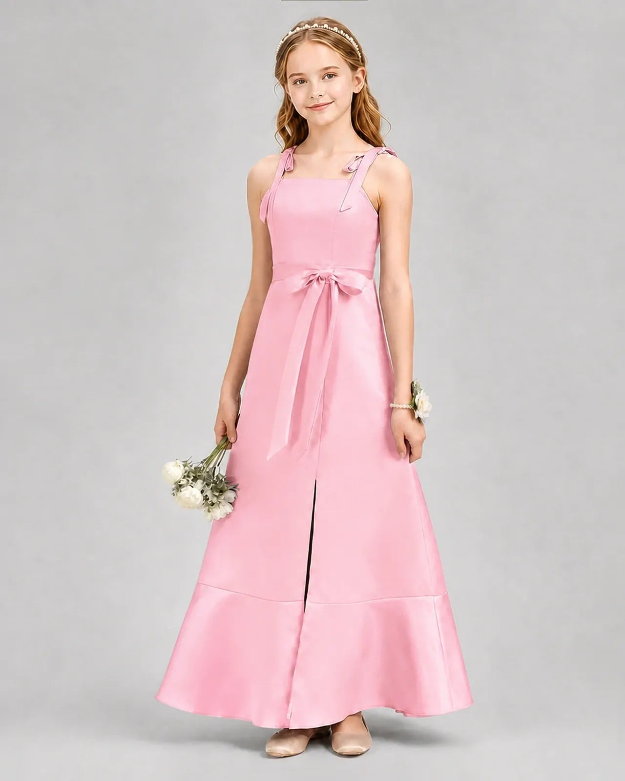 Pink Satin A-Line Junior Bridesmaid Dresses Front View
