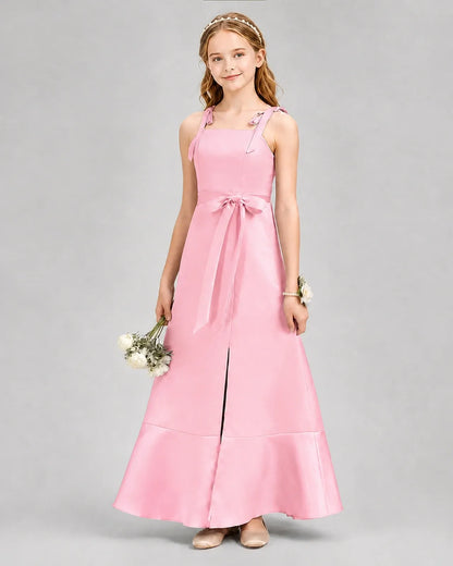 Pink Satin A-Line Junior Bridesmaid Dresses Front View
