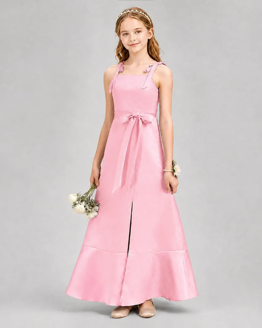 Pink Satin A-Line Junior Bridesmaid Dresses Front View