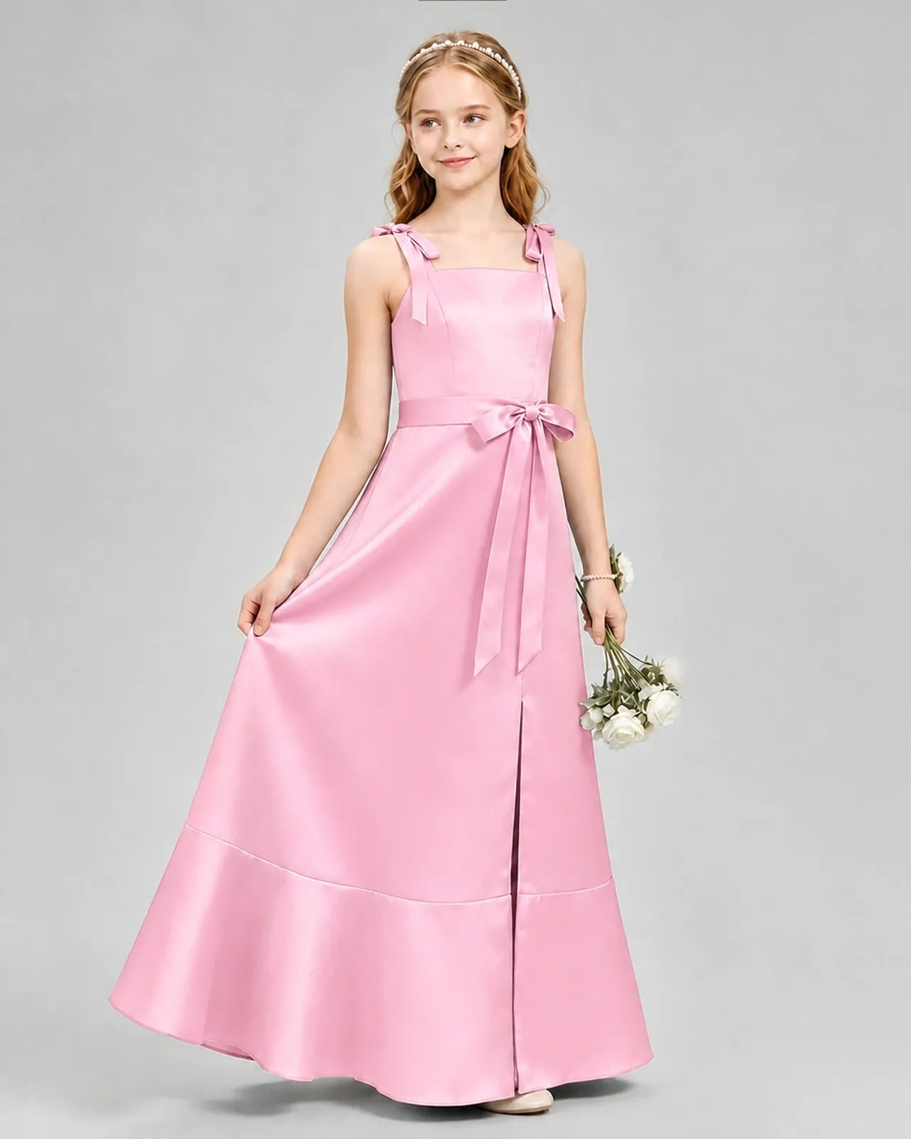Pink Satin A-Line Junior Bridesmaid Dresses Side View