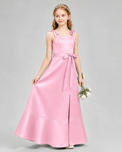 Pink Satin A-Line Junior Bridesmaid Dresses Side View