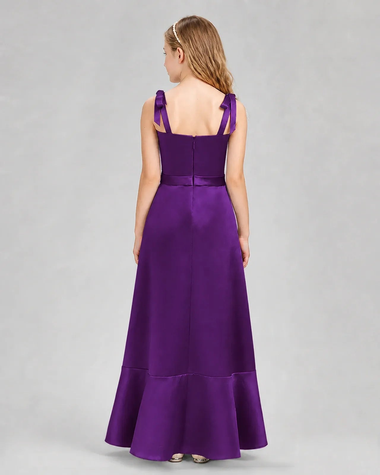 Purple Satin Mermaid Junior Bridesmaid Dresses Back View