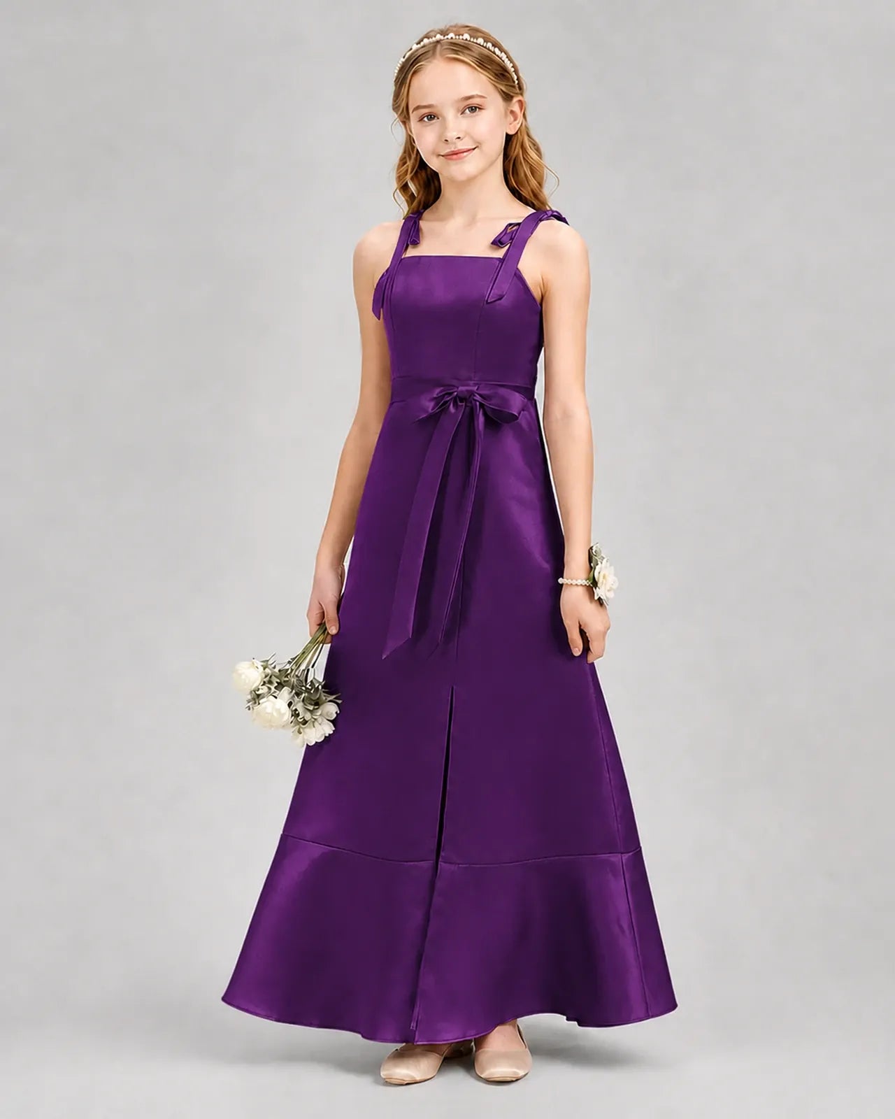 Purple satin bow strap junior bridesmaid dress Front View