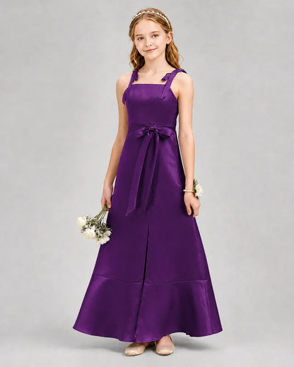 Purple satin bow strap junior bridesmaid dress Front View