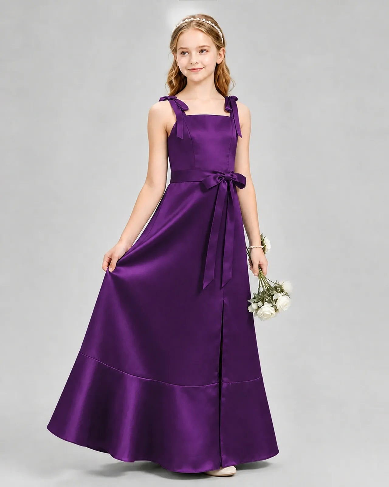 Purple Satin A-Line Junior Bridesmaid Dresses Side View