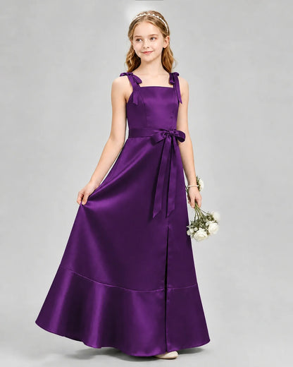 Purple Satin A-Line Junior Bridesmaid Dresses Side View