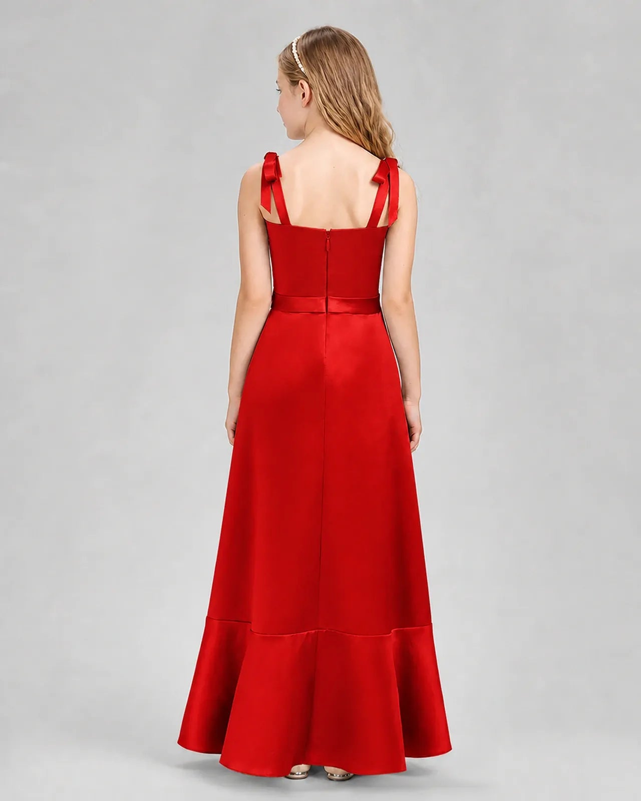 Red Satin Bow Strap A-line Junior Bridesmaid Dresses Back View