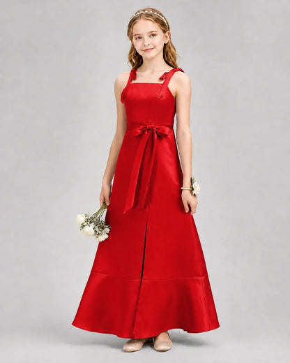 Red satin sleeveless square neck junior bridesmaid dress, front view