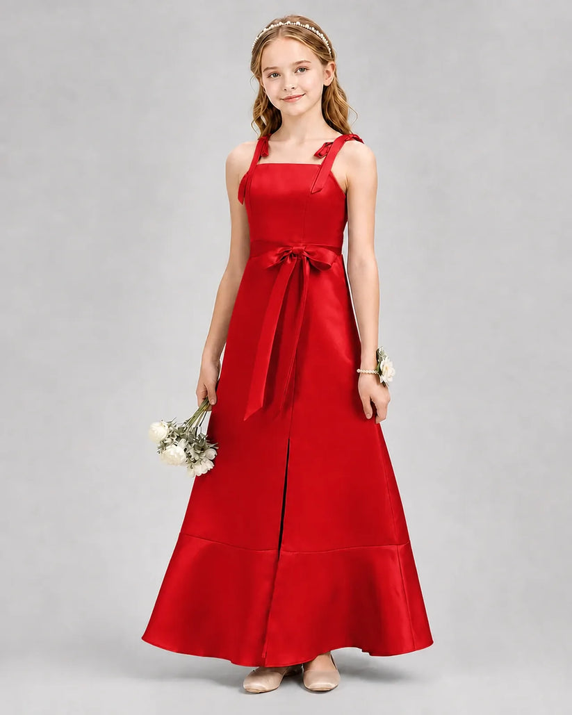 Red satin sleeveless square neck junior bridesmaid dress, front view