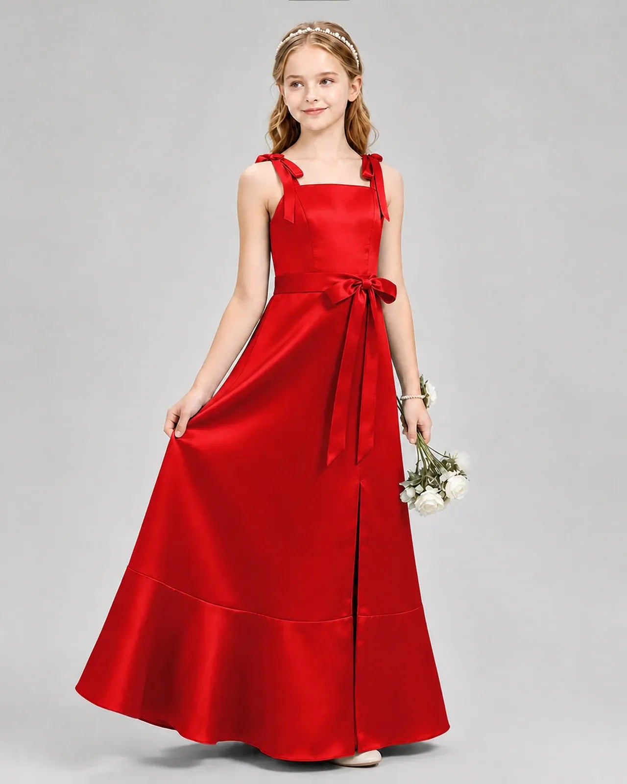 Red Satin A-Line Junior Bridesmaid Dresses Side View