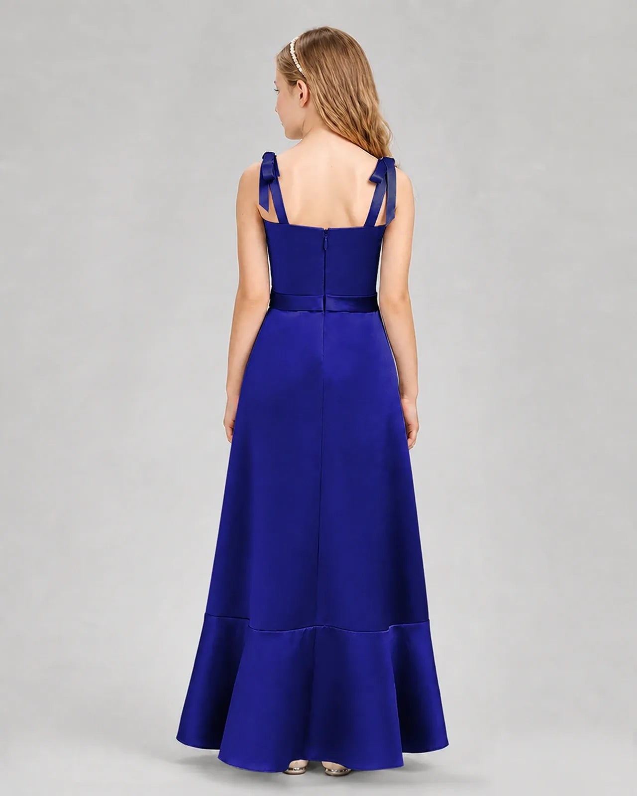 Royal Blue Satin Mermaid Junior Bridesmaid Dress Back View