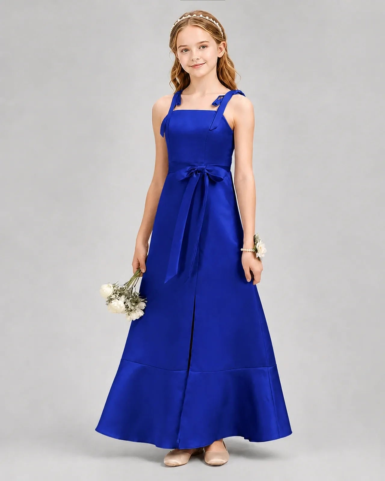 Royal Blue Satin A-Line Junior Bridesmaid Dresses Front View