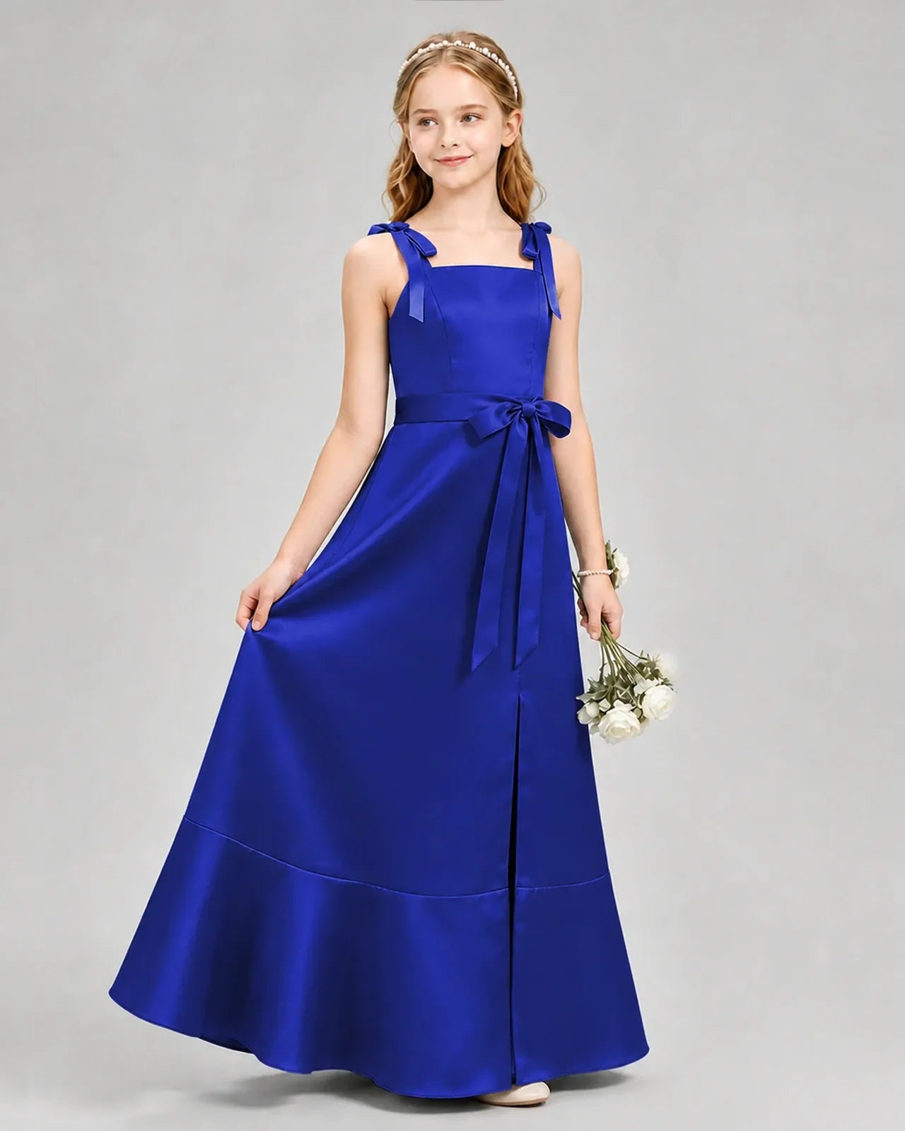 Royal Blue Satin A-Line Junior Bridesmaid Dresses Side View