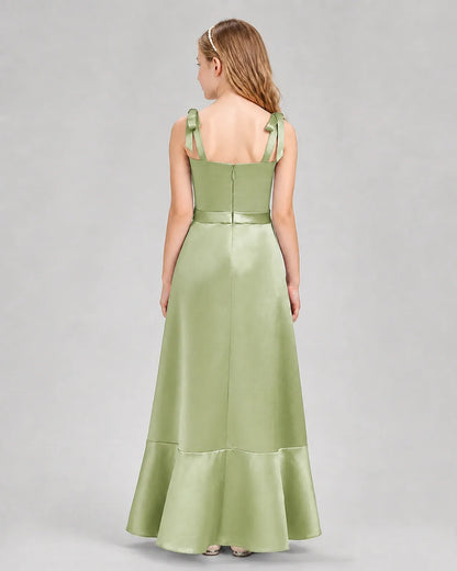 Sage Green Satin A-Line Junior Bridesmaid Dresses Back View