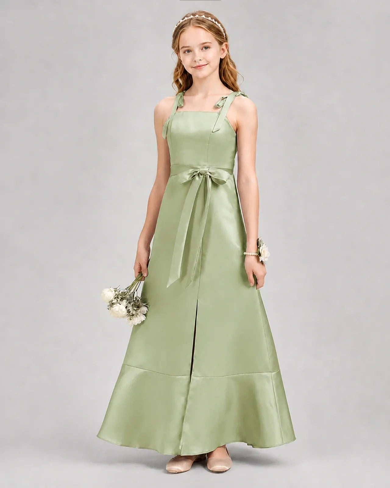 Sage Green Satin A-Line Junior Bridesmaid Dresses Front View