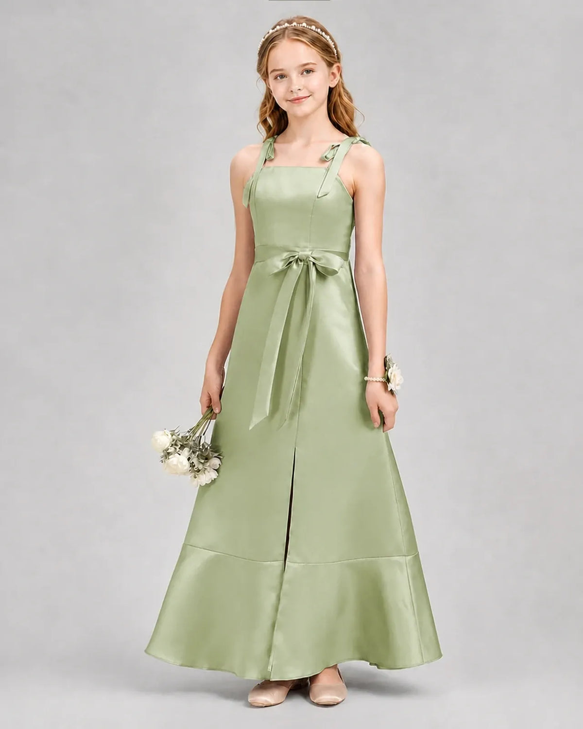 Sage Green Satin A-Line Junior Bridesmaid Dresses Front View