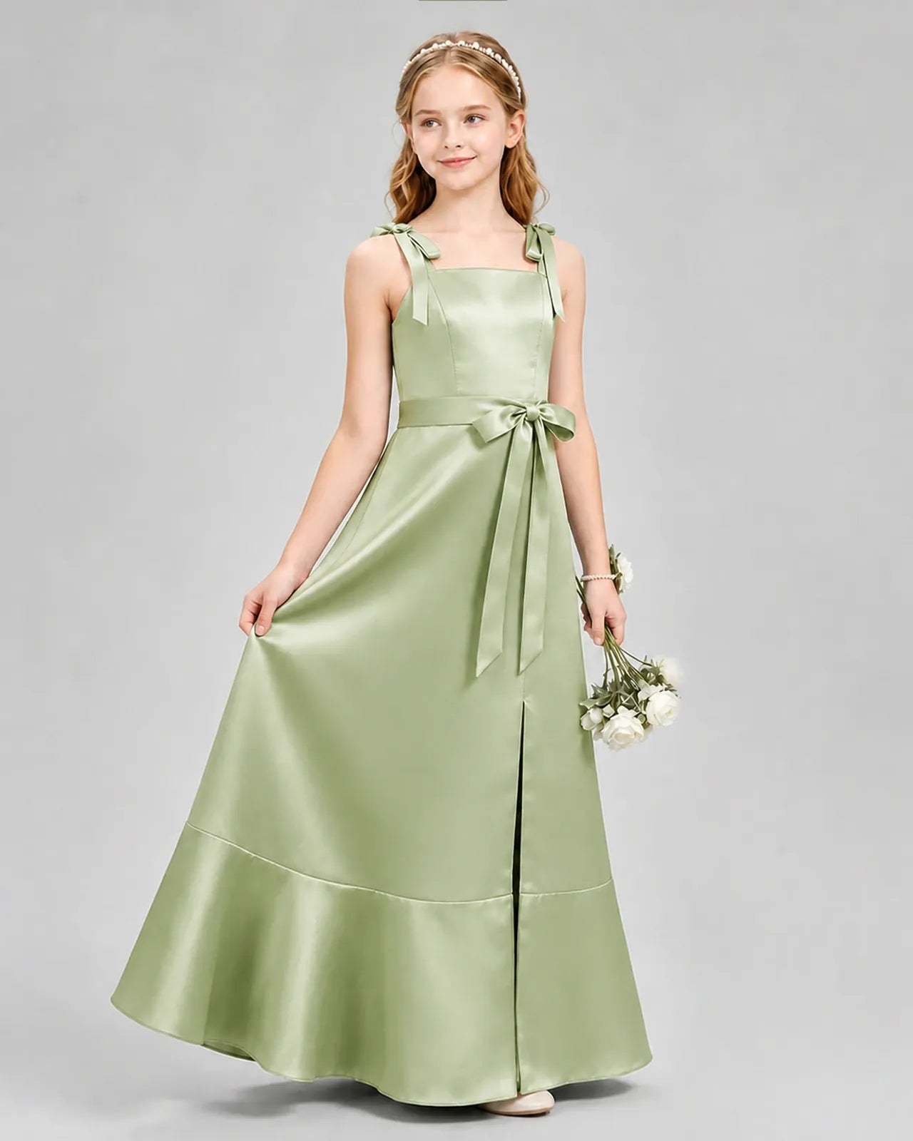 Sage Green Satin A-Line Junior Bridesmaid Dresses Side View